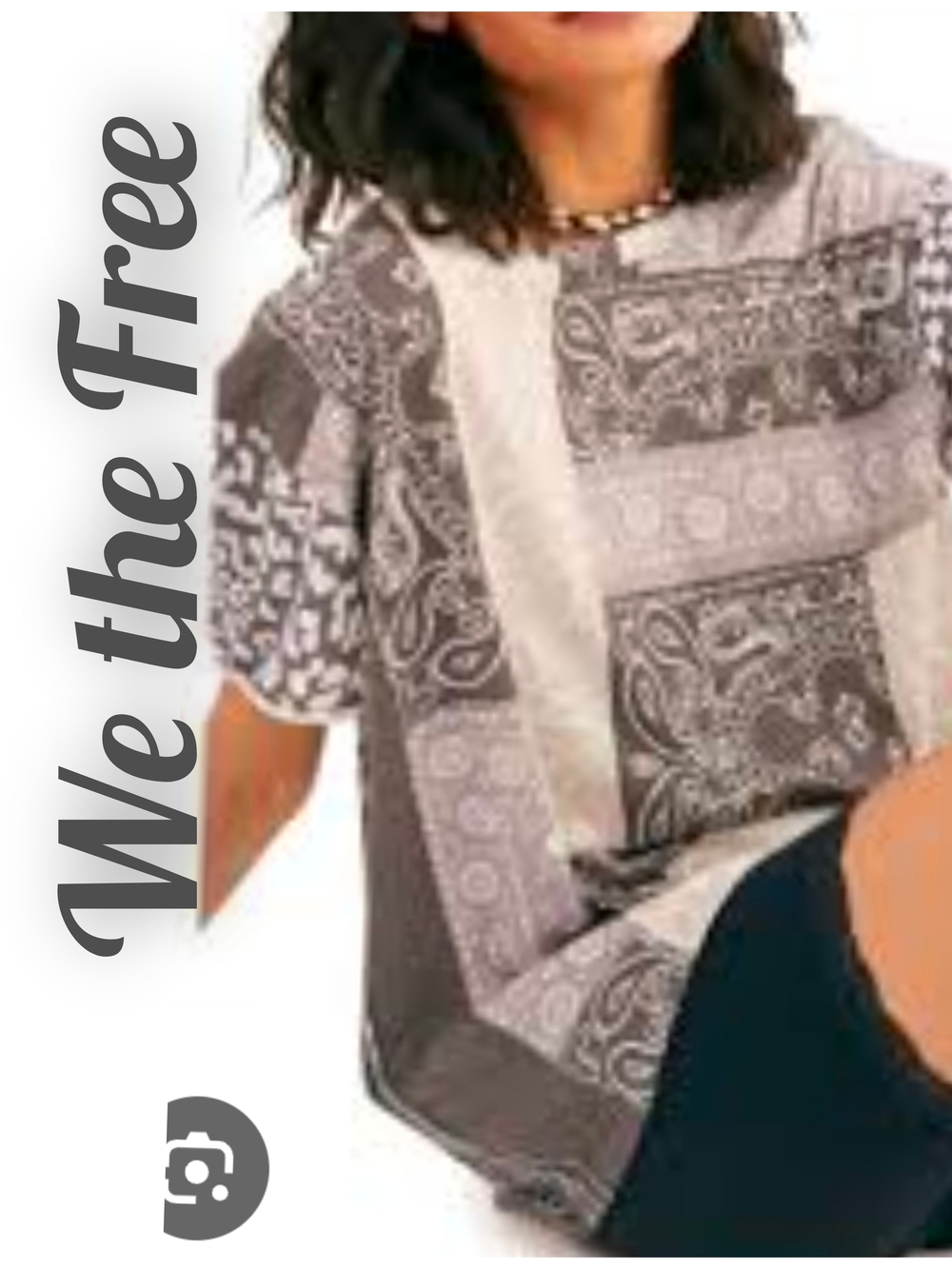 We The Free Gray Bandana Patchwork Short Sleeve Tee SIZE SMALL